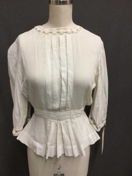 M.T.O., Bone White, Cotton, Lace, Solid, Button Back, Hidden Placket, Peplum, Inverted Pleats Center Front, Lace Collar/cuff, 3/4 Gathered Sleeve, Gathered Center Back, Self Tie Back,