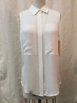 THEORY, Ivory White, Silk, Solid, White, Button Front, Collar Attached, Sleeveless