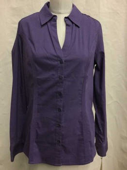 EXPRESS, Lavender Purple, Cotton, Polyester, Solid, Button Front, Collar Attached,  V-neck, Long Sleeves,