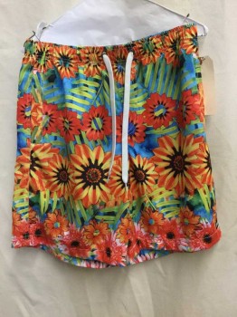 Mens, Swim Trunks, NEFF, Multi-color, Synthetic, Floral, S, Drawstring, Bright & Busy