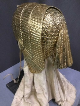 Unisex, Historical Fiction Headpiece, MTO, Gold, Tan Brown, Leather, Plastic, Animal Print, Gold Peacock Feather Crown Bodice W/wing on Top & Snake Front Center Forehead, W/pleated Tan Fabric Hanging Down From Inside Crown, Tan Suede Strap Tie