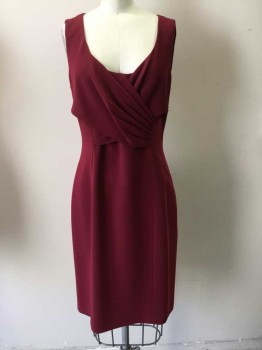 Womens, Dress, Sleeveless, ELIE TAHARI, Wine Red, Synthetic, Solid, 4, Scoop Neck, Crossover Pleated Top Panels, Knee Length, Side Zip