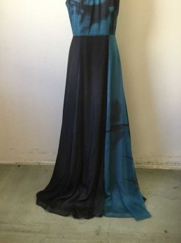 Womens, Evening Gown, HALSTON, Teal Green, Black, Synthetic, Abstract , 2, Sleeveless, Sheer Abstract Over Black Lining, Overlay Gathered at Neck, Back Zip, Floor Length Hem, Front High Leg Slit, Panelled Skirt (Some Solid Black Overlay and Other Panels Abstract Pattern), Double