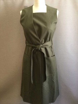 Womens, Dress, Sleeveless, COS, Olive Green, Wool, Solid, 10, Square Neck, Asymmetrical Concealed Button Placket Front, Sleeveless, Belt Loops, Self Tie Belt, 2 Patch Pocket,  Below Knee