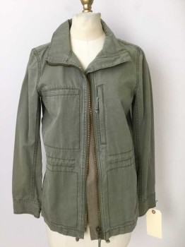 Womens, Casual Jacket, MADEWELL, Olive Green, Cotton, Solid, S, Zip Front, Drawstring at Waist, 4 Pockets, Army Parka Look