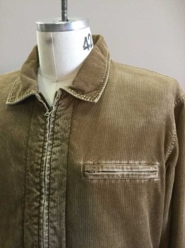 Mens, Casual Jacket, AMERICAN EAGLE, Taupe, Cotton, Polyester, Solid, Ch52, Corduroy with Wear Look. Zip Front, 1 Zip Pocket, 2 Patch Pockets with Button Down Flaps. Polyester Fleece Lining