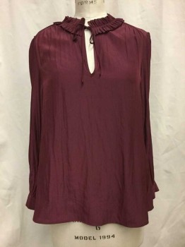 Womens, Blouse, NL, Red Burgundy, Polyester, Solid, M, Burgundy, Self Tie Neck, Ruffle Neck Trim, Long Sleeves,