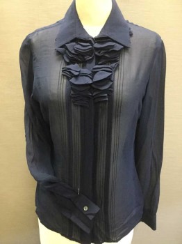 AQUILANO RIMONDI, Navy Blue, Silk, Solid, Navy Sheer, Collar Attached, Pleats & Self Flower Fold Center Front, Hidden Button Front, Long Sleeves,
