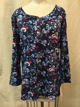 BASIC EDITIONS, Navy Blue, Magenta Purple, Lavender Purple, Turquoise Blue, White, Cotton, Floral, Navy, Magenta/ Lavender/ Turqoise/ White Floral Print, Scoop Henley Neck, 3/4 Sleeves