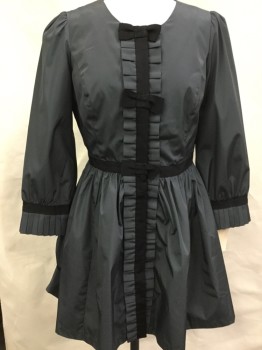 Womens, Dress, Long & 3/4 Sleeve, XXI TWIST, Gray, Black, Polyester, Solid, M, Long Sleeves, Knife Pleated Ruffle Cuffs, Self Ruffle Center Front, Black Gross Grain Ribbon Detail & Bows, Snap Front, Round Neck,