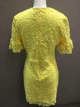 AQUA, Yellow, Polyester, Floral, Short Sleeves, Round Neck,  Lace, Double,