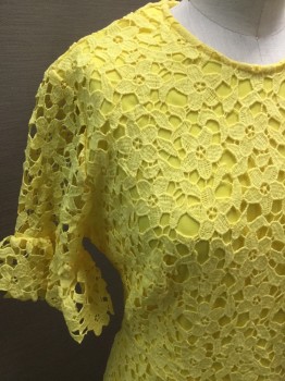 AQUA, Yellow, Polyester, Floral, Short Sleeves, Round Neck,  Lace, Double,