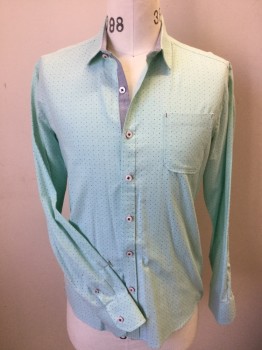 Mens, Casual Shirt, 7 DIAMONDS, Mint Green, Teal Green, Navy Blue, Red, Cotton, Dots, S, Mint with Black, Navy, Teal Green, Red Tiny Dots Print, Collar Attached, Button Front, Heather Gray with Black Red White Dots Print, Inside Placket Front & Inside Cuffs, 1 Pocket, Long Sleeves,