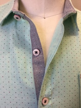 Mens, Casual Shirt, 7 DIAMONDS, Mint Green, Teal Green, Navy Blue, Red, Cotton, Dots, S, Mint with Black, Navy, Teal Green, Red Tiny Dots Print, Collar Attached, Button Front, Heather Gray with Black Red White Dots Print, Inside Placket Front & Inside Cuffs, 1 Pocket, Long Sleeves,