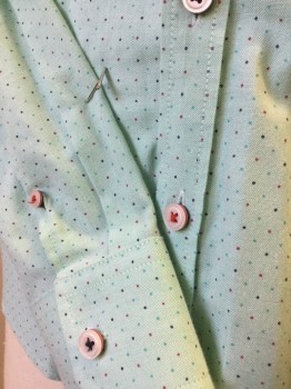 7 DIAMONDS, Mint Green, Teal Green, Navy Blue, Red, Cotton, Dots, Mint with Black, Navy, Teal Green, Red Tiny Dots Print, Collar Attached, Button Front, Heather Gray with Black Red White Dots Print, Inside Placket Front & Inside Cuffs, 1 Pocket, Long Sleeves,