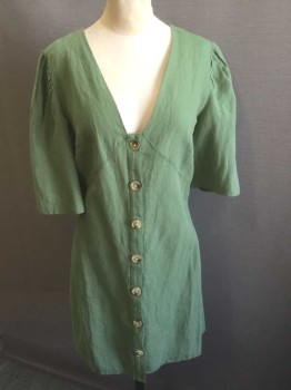 Womens, Dress, Long & 3/4 Sleeve, TOPSHOP, Sage Green, Linen, Cotton, Solid, 8, 3/4 Sleeve, Deep V-neck, Tan/Brown Buttons From Bust to Center Front, Puffy Gathered Sleeves, Hem Above Knee