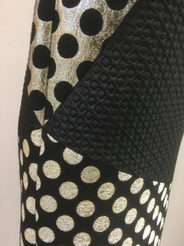Womens, Cocktail Dress, EMANUEL UNGARO, Black, Gold, Silver, Wool, Acrylic, Polka Dots, Geometric, 4, Diagonal Panels of Geometric Quilted Solid Black, and Metallic Gold/Silver with Black Polka Dots, and Inverse Metallic Polka Dots on Black, Sleeveless Shift Dress, Round Neck, Hem Mini, Center Back and Side Zippers, High End/Designer