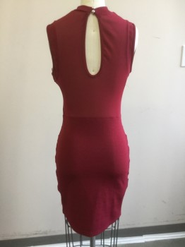 PRIVY, Wine Red, Polyester, Spandex, Chevron, Mesh Inset Stripes, Mini, Keyhole Back with 2 Silver Bubble Buttons, Stretch