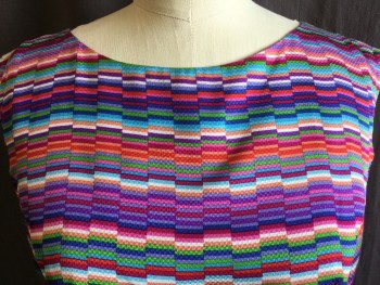 SHOSHANNA, Blue, Purple, Green, Red, Pink, Silk, Geometric, Rectangle Stacking Rainbow Color with Solid Royal Blue Lining, Wide Neck Front & V-back, Cap Sleeves, Dropped Waist with Large Accordion Pleat Skirt,  Zip Back, with 2.5" SELF BELT