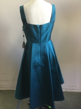 Womens, Cocktail Dress, ADRIANNA PAPELL, Teal Blue, Polyester, Solid, 2, Straps, Heart Shaped Neck, Side Slit Pockets, Full Skirt, High/ Low, Slip Underneath