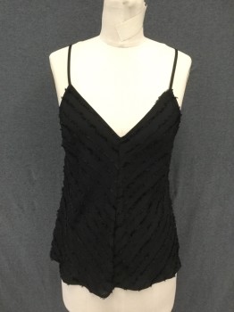 FREE PEOPLE, Black, Polyester, Solid, Camisole, V-neck, Adjustable Spaghetti Straps, Diagonal Textured Stripes Outward From Center Front, Back Vertical Textured Stripes