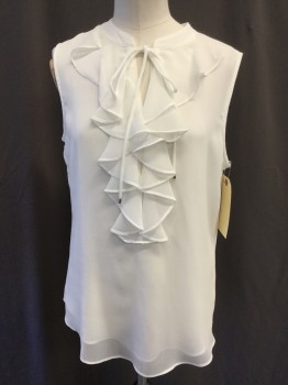 TOMMY HILFIGER, White, Polyester, Solid, Sheer, Sleeveless, Flat Round Collar with V Placket, Neck Self Tie Lace, Center Front Ruffled Bib, Double Layer