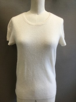 C BY BLOOMINGDALES, Bone White, Cashmere, Solid, Knit, Short Sleeves, Scoop Neck, Pullover