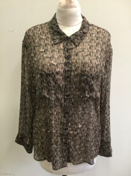 MOSSIMO, Black, Brown, Lt Pink, Polyester, Novelty Pattern, Fan-like Print, Sheer, Button Front, Collar Attached, Long Sleeves, 2 Pockets