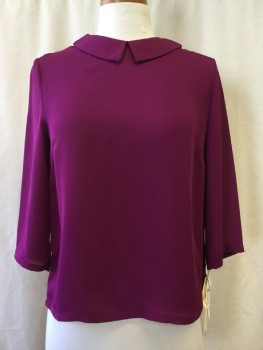 FOREVER 21, Magenta Purple, Synthetic, Solid, Crew Neck, Collar Attached, 3/4 Sleeves