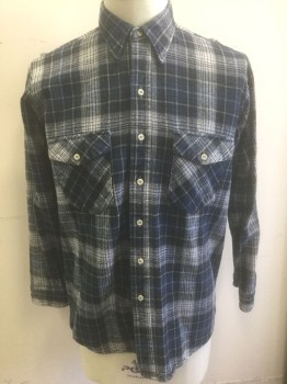 WINTER RUN, Navy Blue, Gray, White, Charcoal Gray, Cotton, Plaid, Thick Flannel, Long Sleeve Button Front, Collar Attached, 2 Patch Pockets with Button Closure
