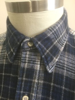 WINTER RUN, Navy Blue, Gray, White, Charcoal Gray, Cotton, Plaid, Thick Flannel, Long Sleeve Button Front, Collar Attached, 2 Patch Pockets with Button Closure