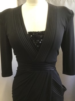 Womens, Cocktail Dress, ZHIVAGO, Black, Polyester, Spandex, Solid, B:38, 8, W:28, Satin Ribbed V-neck, Black Netting with Square Sequins at Bust, Satin Ribbed Waist Band, Draped Detail Skirt, Back Zip