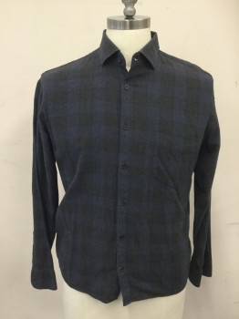 BILLY REID, Blue, Charcoal Gray, Cotton, Grid , Faded Flannel, Button Front, Collar Attached, Long Sleeves, 2 Flap Pockets