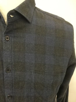 BILLY REID, Blue, Charcoal Gray, Cotton, Grid , Faded Flannel, Button Front, Collar Attached, Long Sleeves, 2 Flap Pockets