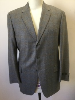 JOSEPH ABBOUD, Gray, Brown, Wool, Grid , Gray with Brown Triple Grid Stripes, Single Breasted, Notched Lapel, 3 Buttons, 3 Pockets, Solid Gray Lining
