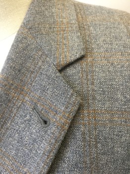 JOSEPH ABBOUD, Gray, Brown, Wool, Grid , Gray with Brown Triple Grid Stripes, Single Breasted, Notched Lapel, 3 Buttons, 3 Pockets, Solid Gray Lining