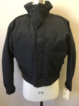 Mens, Fire/Police Jacket, BLAUER, Navy Blue, Nylon, Polyester, Solid, M, Ripstop, Zip & Snap Frtont, Collar Attached, 2 Pockets, Side Zips Under Arms, Removable Liner, Epaulets, Hide Away Hoody in Collar, Reflective Silver Stripe on Collar