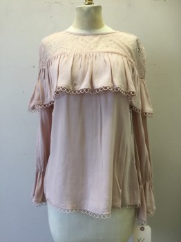 Womens, Blouse, MAX SPORT, Blush Pink, Viscose, Rayon, Solid, XS, Blush, Crew Neck, Lace Yolk, Gathered Ruffle Bust with Circular Lace Trim, Long Sleeves,