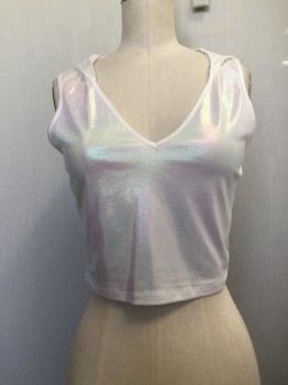 NO LABEL, Iridescent White, Synthetic, Solid, Iridescent White, V-neck, Sleeveless, Hood, Cropped