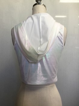 Womens, Top, NO LABEL, Iridescent White, Synthetic, Solid, M, Iridescent White, V-neck, Sleeveless, Hood, Cropped