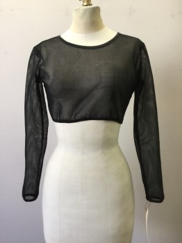 Womens, Top, NO LABEL, Black, Synthetic, Solid, XS, Black, Net, Crew Neck, Long Sleeves, Cropped