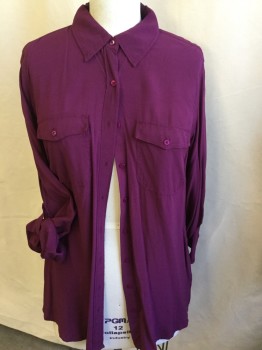 TALBOTS, Fuchsia Pink, Rayon, Solid, Collar Attached, Button Front, 2 Pockets with Flap, 3/4 Sleeves with Short Belt & Button, Curved Hem