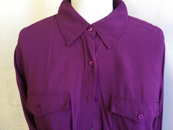 TALBOTS, Fuchsia Pink, Rayon, Solid, Collar Attached, Button Front, 2 Pockets with Flap, 3/4 Sleeves with Short Belt & Button, Curved Hem