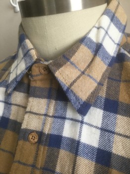 STILL WATER SUPPLY , Tan Brown, Blue, White, Cotton, Plaid, Flannel, Long Sleeve Button Front, Collar Attached, 1 Patch Pocket
