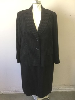 Womens, Suit, Jacket, JONES NEW YORK SUIT, Black, Brown, Polyester, Stripes - Pin, Dots, 18W, Black with Brown Dotted/Dashed Pinstripes, Single Breasted, Peaked Lapel, 2 Large Black Buttons, 2 Pockets with Flap Closures, Padded Shoulders