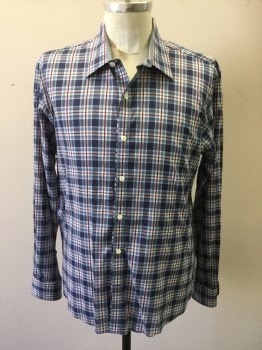 KENSON, Navy Blue, Blue, Dk Red, White, Cotton, Plaid, Button Front, Collar Attached, Long Sleeves