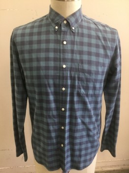 J.CREW, Dusty Blue, Navy Blue, Cotton, Gingham, Long Sleeve Button Front, Collar Attached, Button Down Collar, 1 Patch Pocket