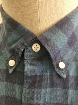 J.CREW, Dusty Blue, Navy Blue, Cotton, Gingham, Long Sleeve Button Front, Collar Attached, Button Down Collar, 1 Patch Pocket