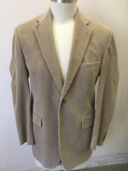 RALPH LAUREN, Beige, Cotton, Solid, Corduroy, Single Breasted, Notched Lapel, 2 Buttons, 3 Pockets