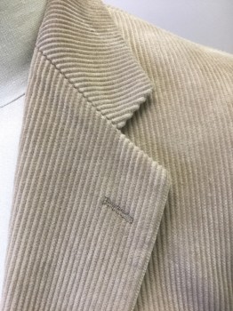 RALPH LAUREN, Beige, Cotton, Solid, Corduroy, Single Breasted, Notched Lapel, 2 Buttons, 3 Pockets
